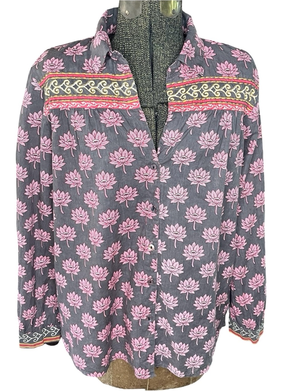 Maison Hotel Cohen Blouse Lotus Mondrian Pink Lotus Print Cotton Boho Western M - Picture 6 of 15